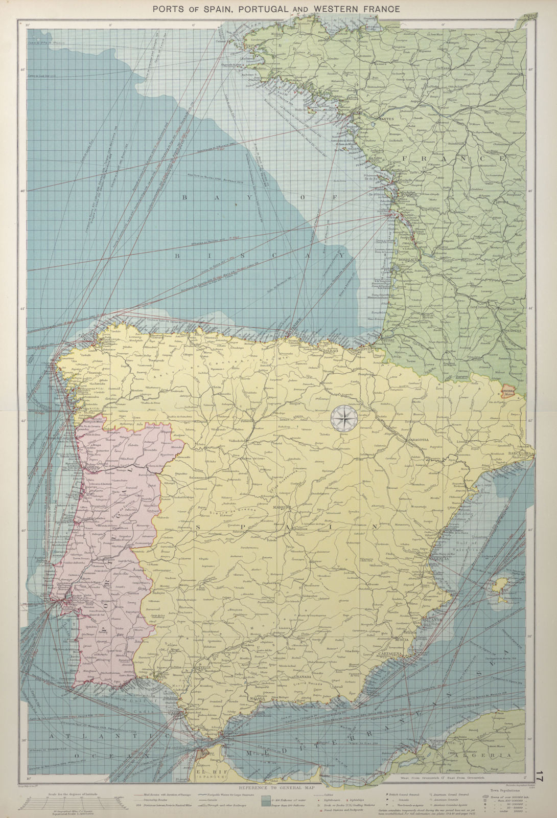 Spain, Portugal & Western France ports sea chart. Bay of Biscay. LARGE 1927 map